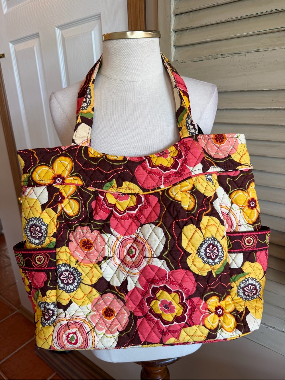 Vera Bradley BEAUTIFUL Quilted Floral Tote in Brown, Yellow & Pink